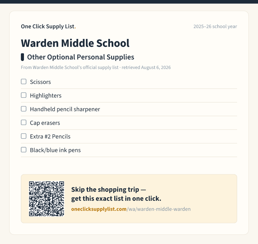 Warden Middle School Other Optional Personal Supplies supply list — printable image